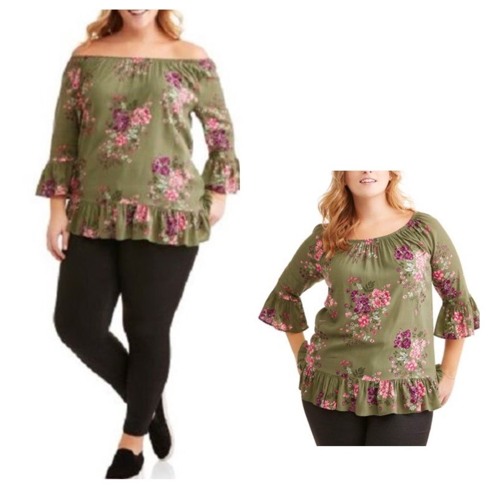 Terra & Sky on or off shoulder olive green floral peasant top size 1X